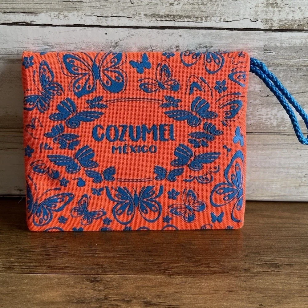 Cozumel Mexico Souvenir Pouch Orange Blue Butterfly Canvas Wristlet Purse bag‎